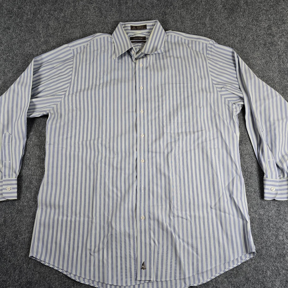 Nordstrom Shirt Adult 17.5 34 White Blue Green Cotton Mens Button Up